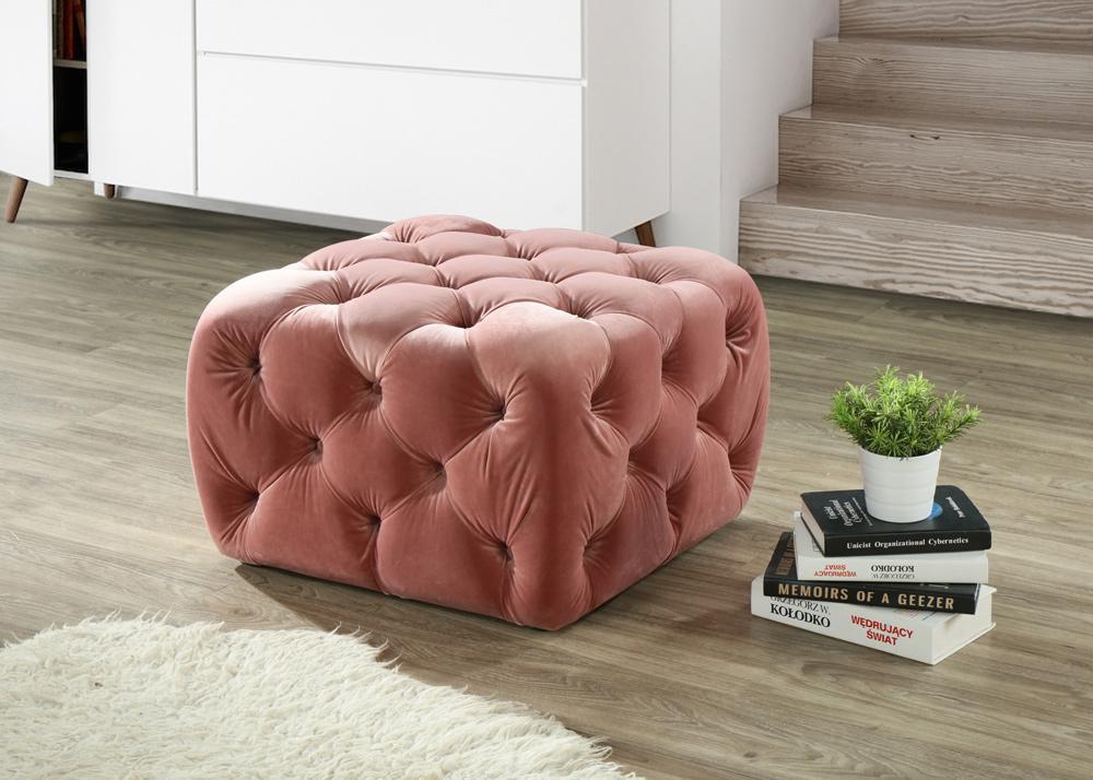 Ottoman in Dusty Rose. Measures at 24.25” x 24.25” x 16.5”H