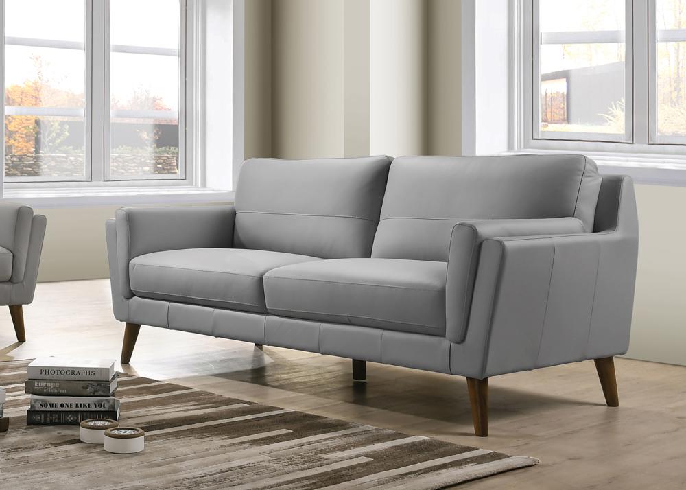  Sofa in  Leather Match PU with  Solid wood frame & legs,  Inner spring seat cushion. Grey in color. Measures at 75.5” x 34.25” x 33.5”H.