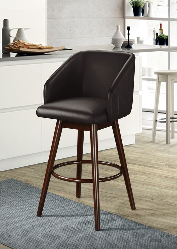This modern barrel stool design creates comfortable seating for you and your guests. The legs are milled in a smooth rounded shape and finished in a dark espresso finish(faux leather). Able to swivel 360°.  It measures at  21”width x 21.5” depth  30” H(seat height) 42”H (back height)