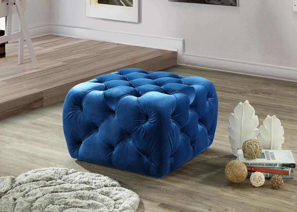 Ottoman in Royal Blue. Measures at 24.25” x 24.25” x 16.5”H.